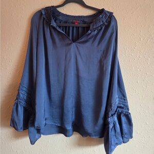 Vince Camuto Ruffle Sleeve Rumple Blue Satin Blouse